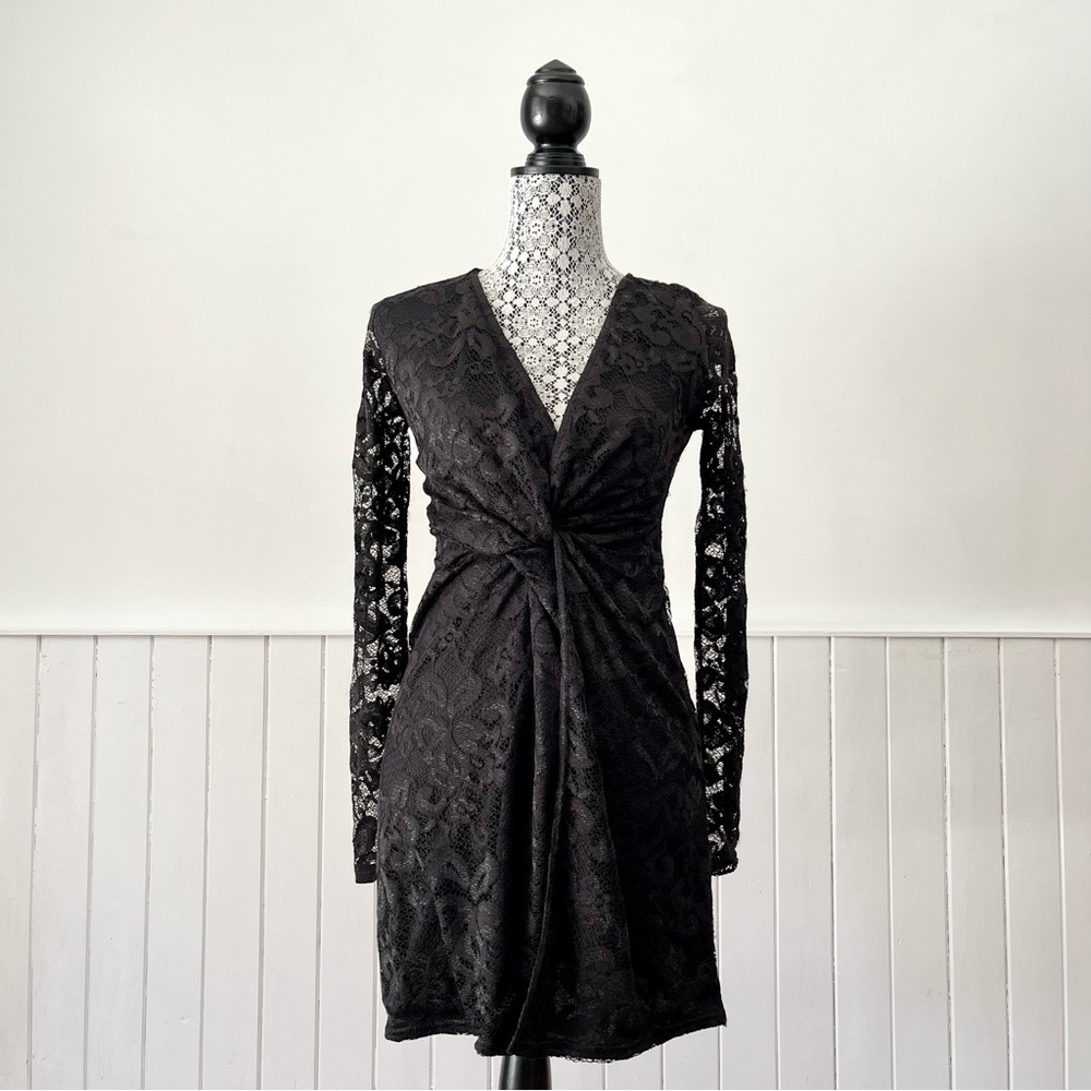 Missguided Black Lace Twist Front Long Sleeve Dress Size 4